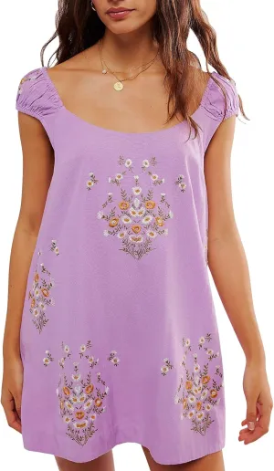 Women's Floral Embroidered Dress Lightweight Babydoll Mini Dresses Summer Casual Beach Sundresses Purple