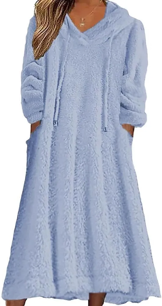 Womens Fuzzy Hooded Long Fleece Dress Fall Winter Fleece Dresses with Pockets