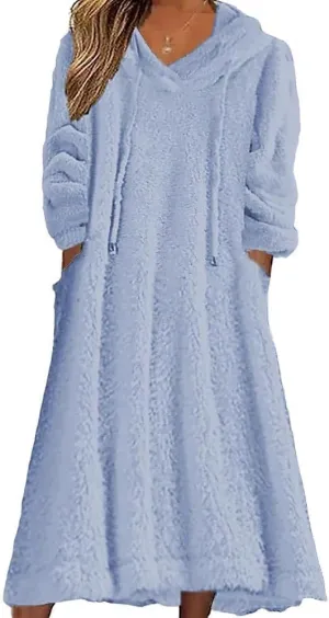 Womens Fuzzy Hooded Long Fleece Dress Fall Winter Fleece Dresses with Pockets