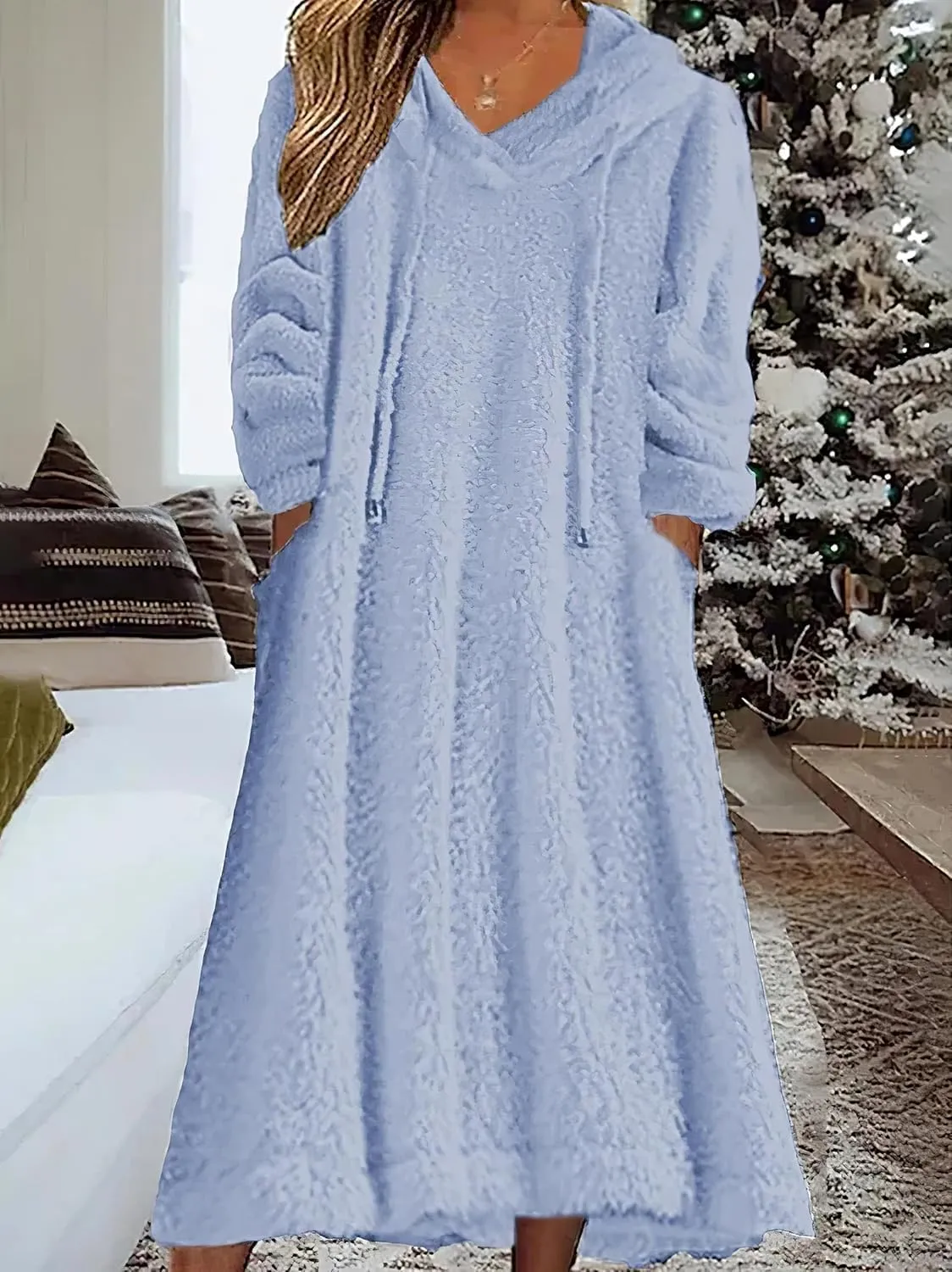 Womens Fuzzy Hooded Long Fleece Dress Fall Winter Fleece Dresses with Pockets