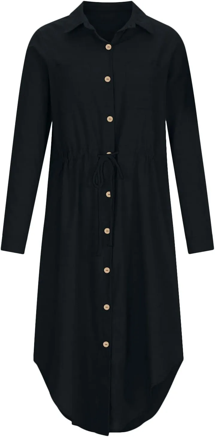 Women's Long Sleeve Cotton Linen Sundress Button Up Lightweight Midi Dresses Flowy Trendy Long Dress
