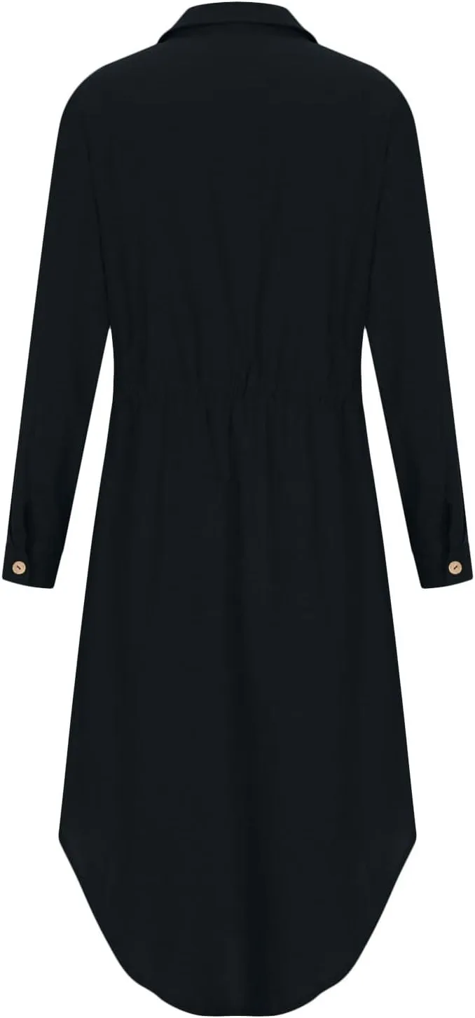 Women's Long Sleeve Cotton Linen Sundress Button Up Lightweight Midi Dresses Flowy Trendy Long Dress