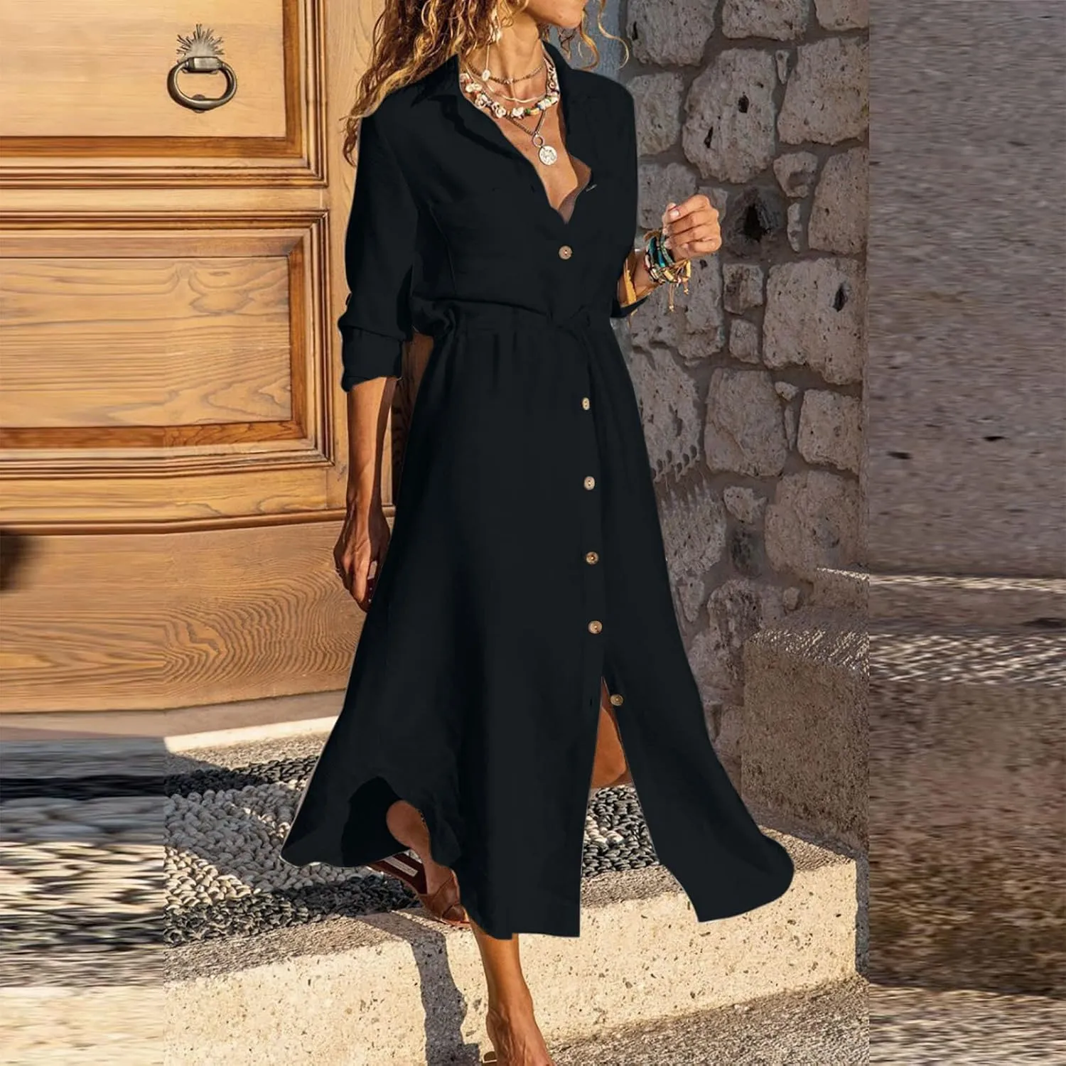 Women's Long Sleeve Cotton Linen Sundress Button Up Lightweight Midi Dresses Flowy Trendy Long Dress