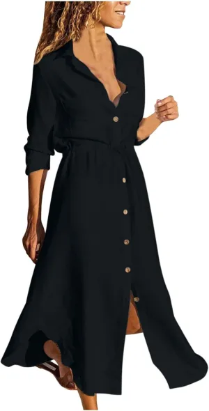 Women's Long Sleeve Cotton Linen Sundress Button Up Lightweight Midi Dresses Flowy Trendy Long Dress