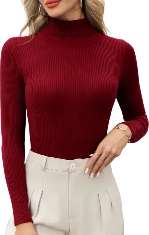 Women's Ribbed Turtleneck Fitted Long Sleeve Shirts Basic Thermal Layering Tops