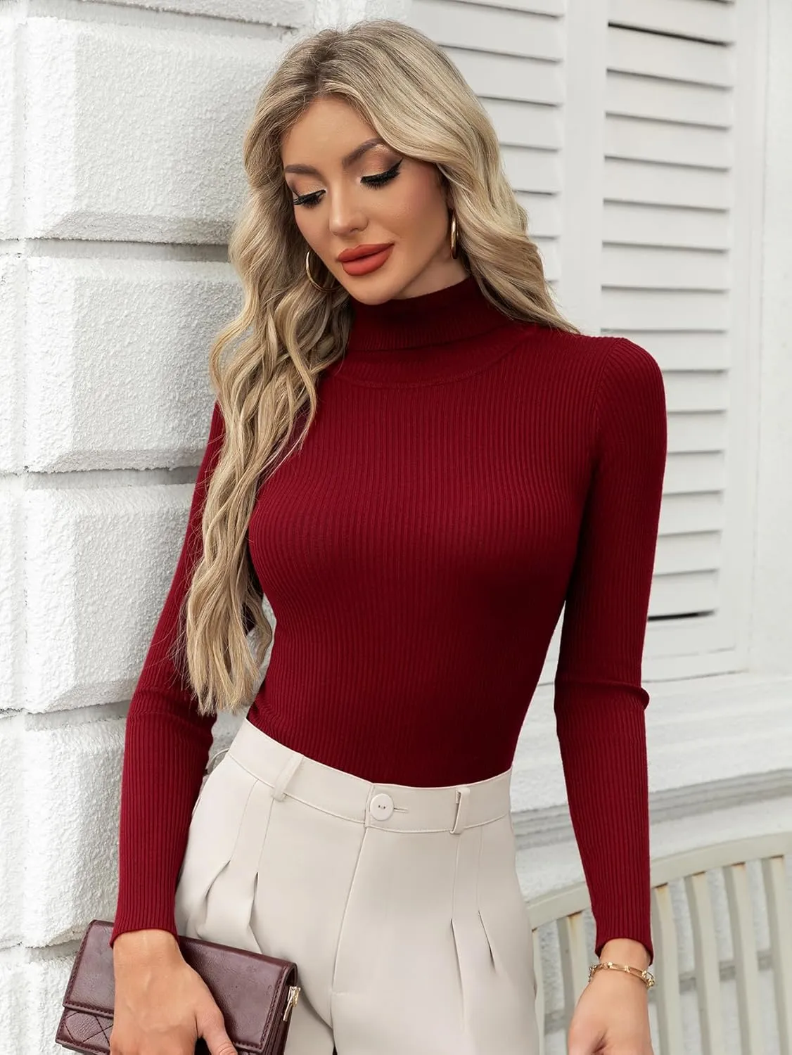 Women's Ribbed Turtleneck Fitted Long Sleeve Shirts Basic Thermal Layering Tops