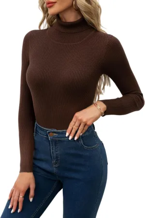 Women's Ribbed Turtleneck Fitted Long Sleeve Shirts Basic Thermal Layering Tops