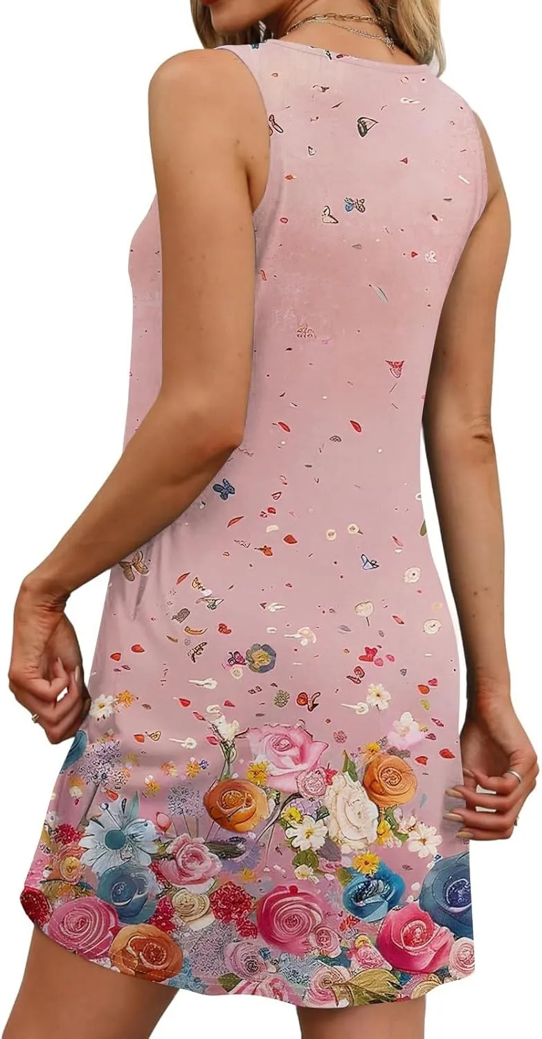 Women's Sleeveless Floral Print Summer Dress, Casual Loose Fit, Lightweight, Beach Wear, Sizes S-XXL