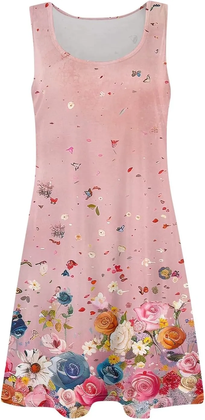 Women's Sleeveless Floral Print Summer Dress, Casual Loose Fit, Lightweight, Beach Wear, Sizes S-XXL
