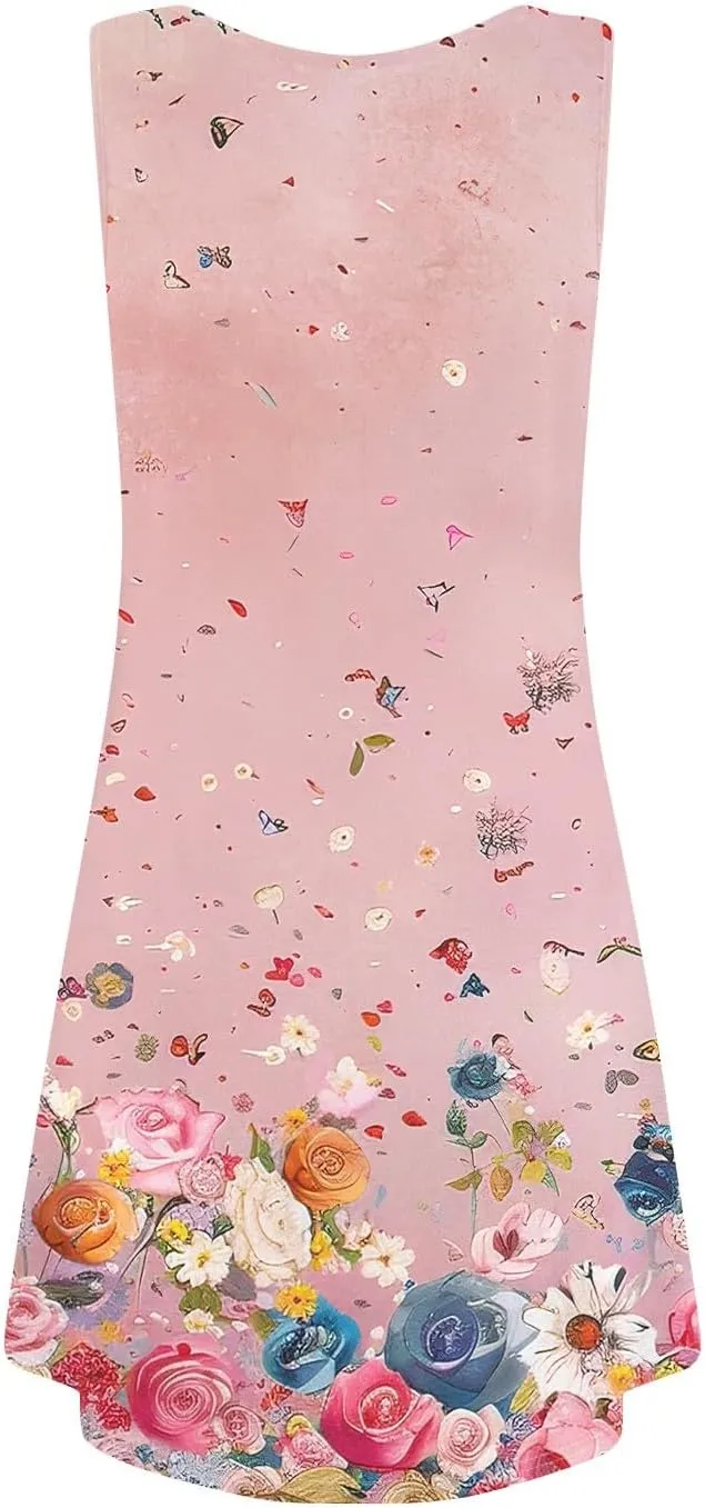 Women's Sleeveless Floral Print Summer Dress, Casual Loose Fit, Lightweight, Beach Wear, Sizes S-XXL
