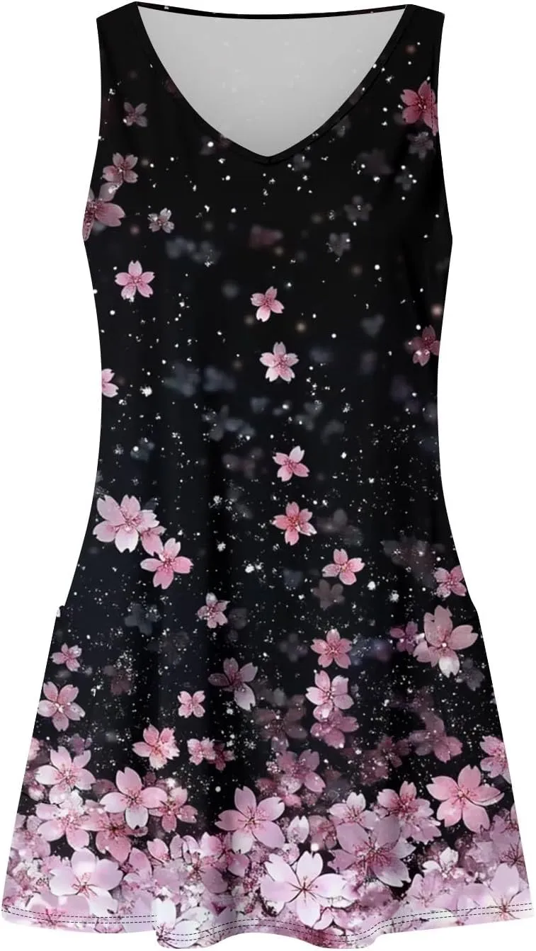 Women's Sleeveless Summer Dress V-Neck Casual Loose Fit with Abstract Purple Print, Lightweight and Breathable