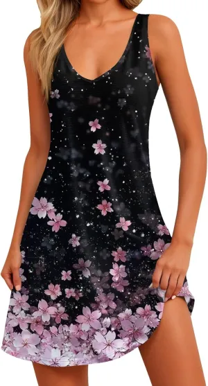 Women's Sleeveless Summer Dress V-Neck Casual Loose Fit with Abstract Purple Print, Lightweight and Breathable