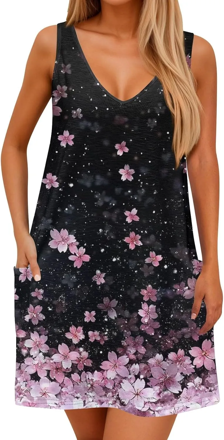 Women's Sleeveless Summer Dress V-Neck Casual Loose Fit with Abstract Purple Print, Lightweight and Breathable