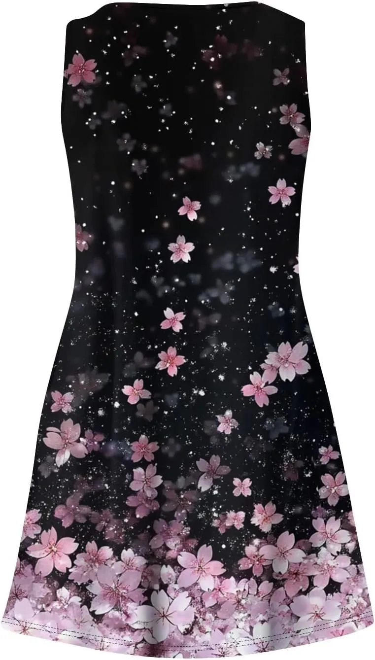 Women's Sleeveless Summer Dress V-Neck Casual Loose Fit with Abstract Purple Print, Lightweight and Breathable