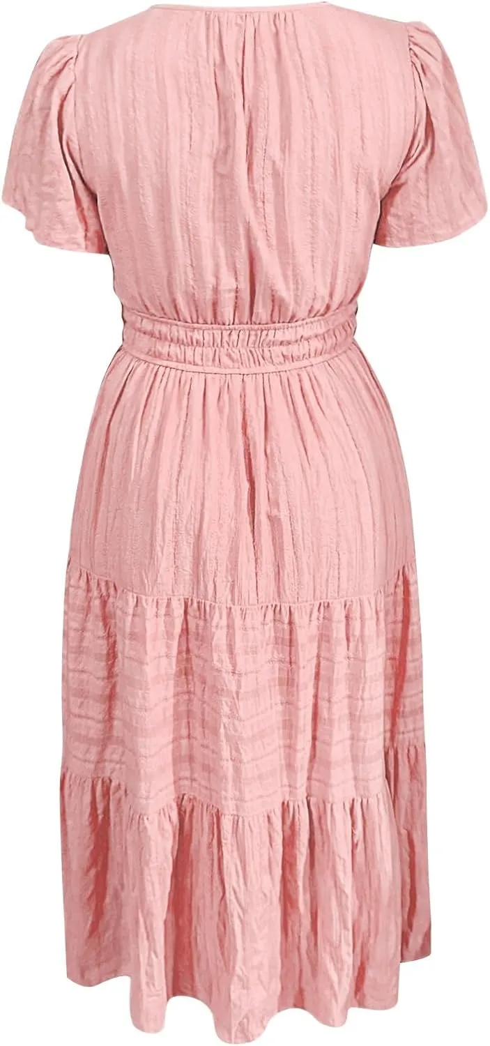 Womens Summer 2025 Casual Midi Maxi Dresses Lightweight Short Sleeve V Neck Elastic Waist Mid Length