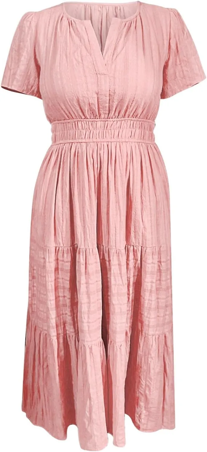 Womens Summer 2025 Casual Midi Maxi Dresses Lightweight Short Sleeve V Neck Elastic Waist Mid Length