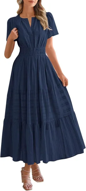 Womens Summer 2025 Casual Midi Maxi Dresses Lightweight Short Sleeve V Neck Elastic Waist Mid Length