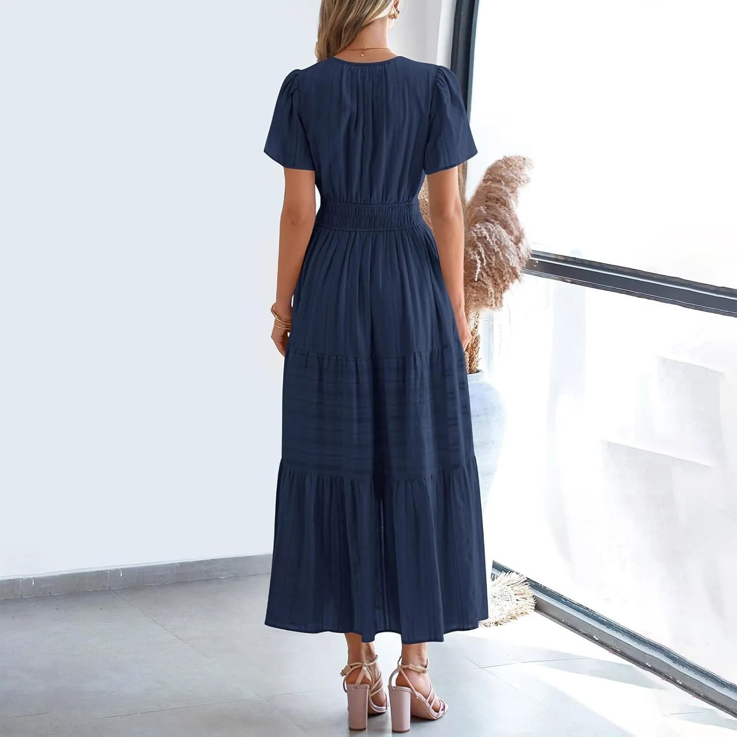 Womens Summer 2025 Casual Midi Maxi Dresses Lightweight Short Sleeve V Neck Elastic Waist Mid Length
