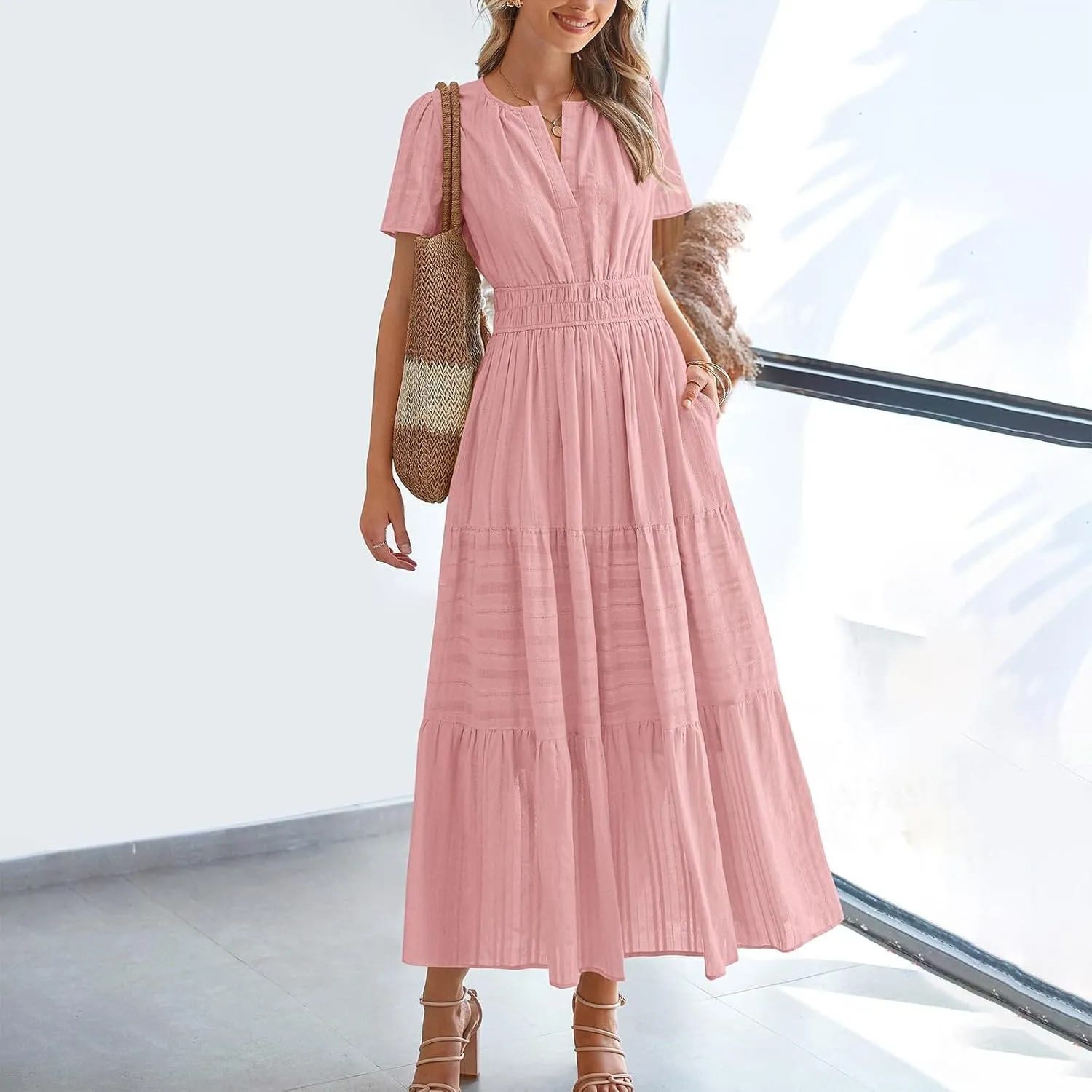 Womens Summer 2025 Casual Midi Maxi Dresses Lightweight Short Sleeve V Neck Elastic Waist Mid Length