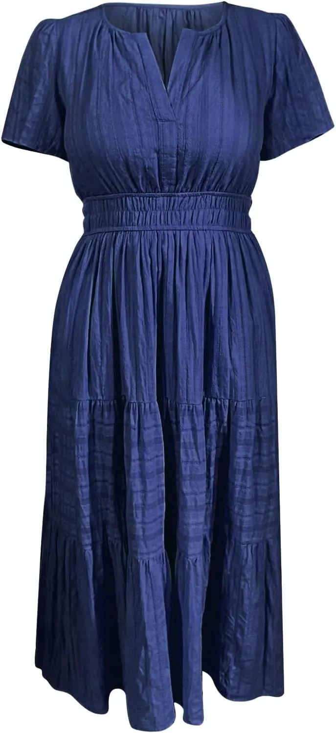 Womens Summer 2025 Casual Midi Maxi Dresses Lightweight Short Sleeve V Neck Elastic Waist Mid Length