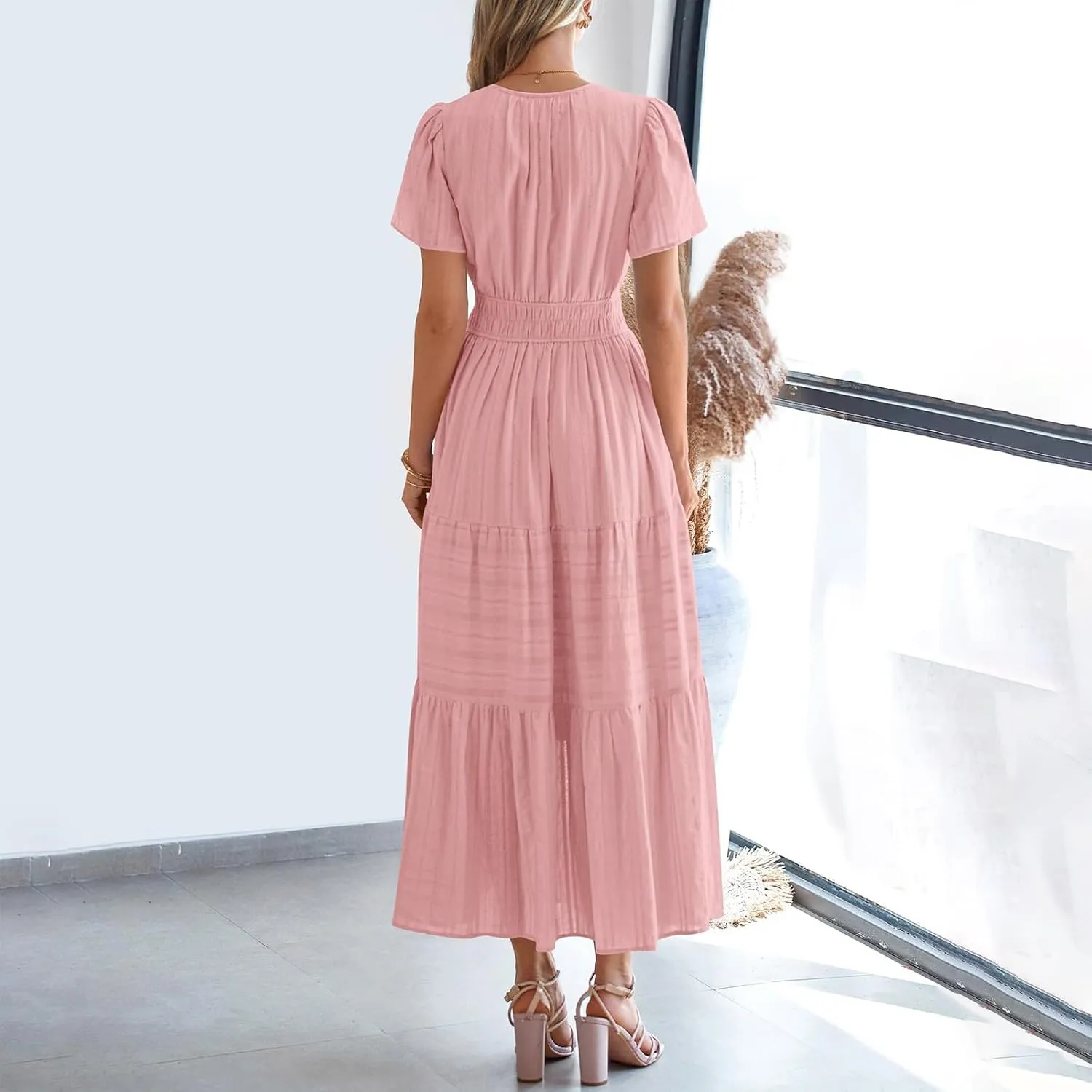 Womens Summer 2025 Casual Midi Maxi Dresses Lightweight Short Sleeve V Neck Elastic Waist Mid Length