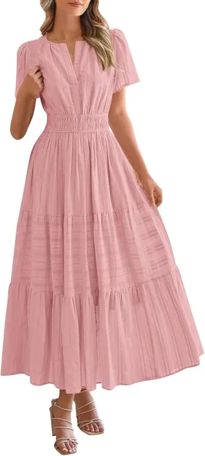 Womens Summer 2025 Casual Midi Maxi Dresses Lightweight Short Sleeve V Neck Elastic Waist Mid Length