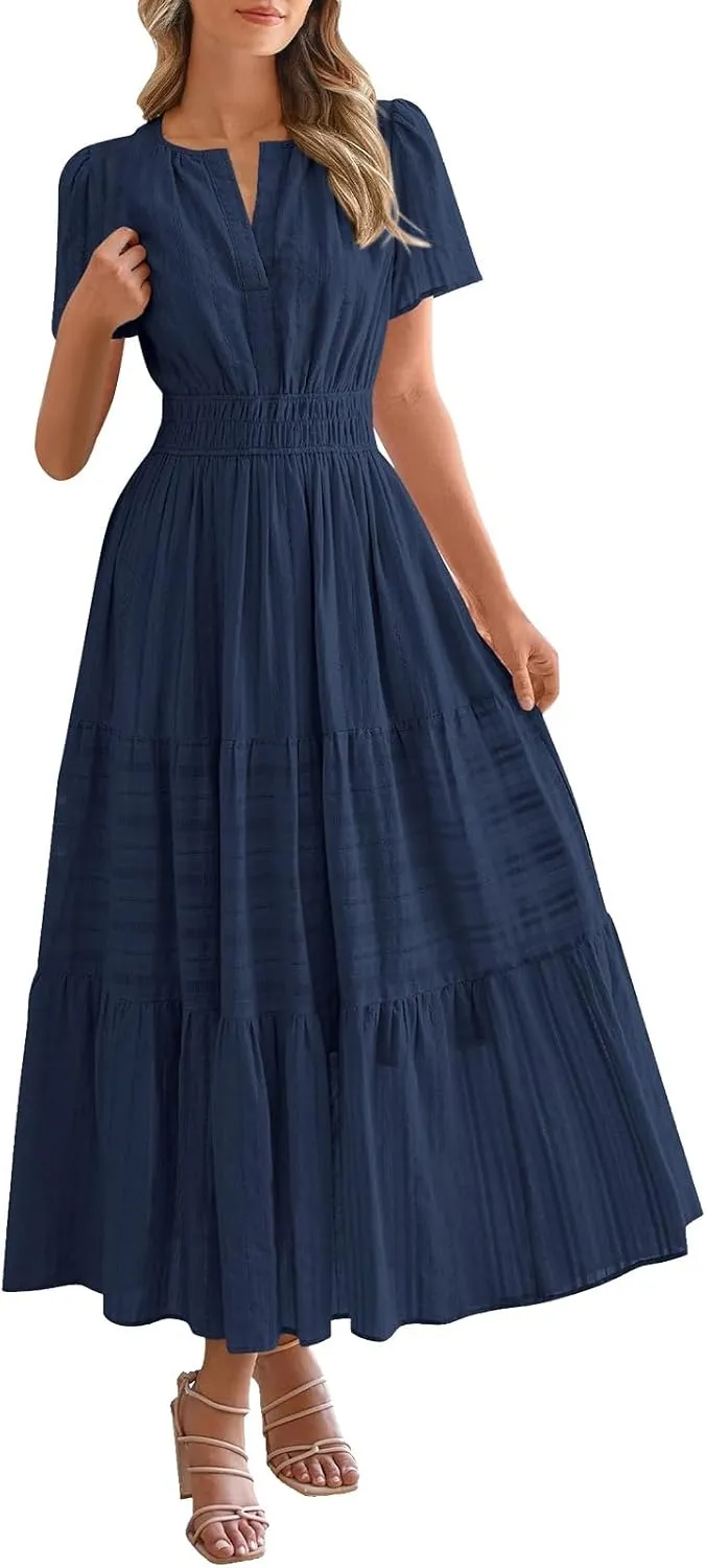 Womens Summer 2025 Casual Midi Maxi Dresses Lightweight Short Sleeve V Neck Elastic Waist Mid Length