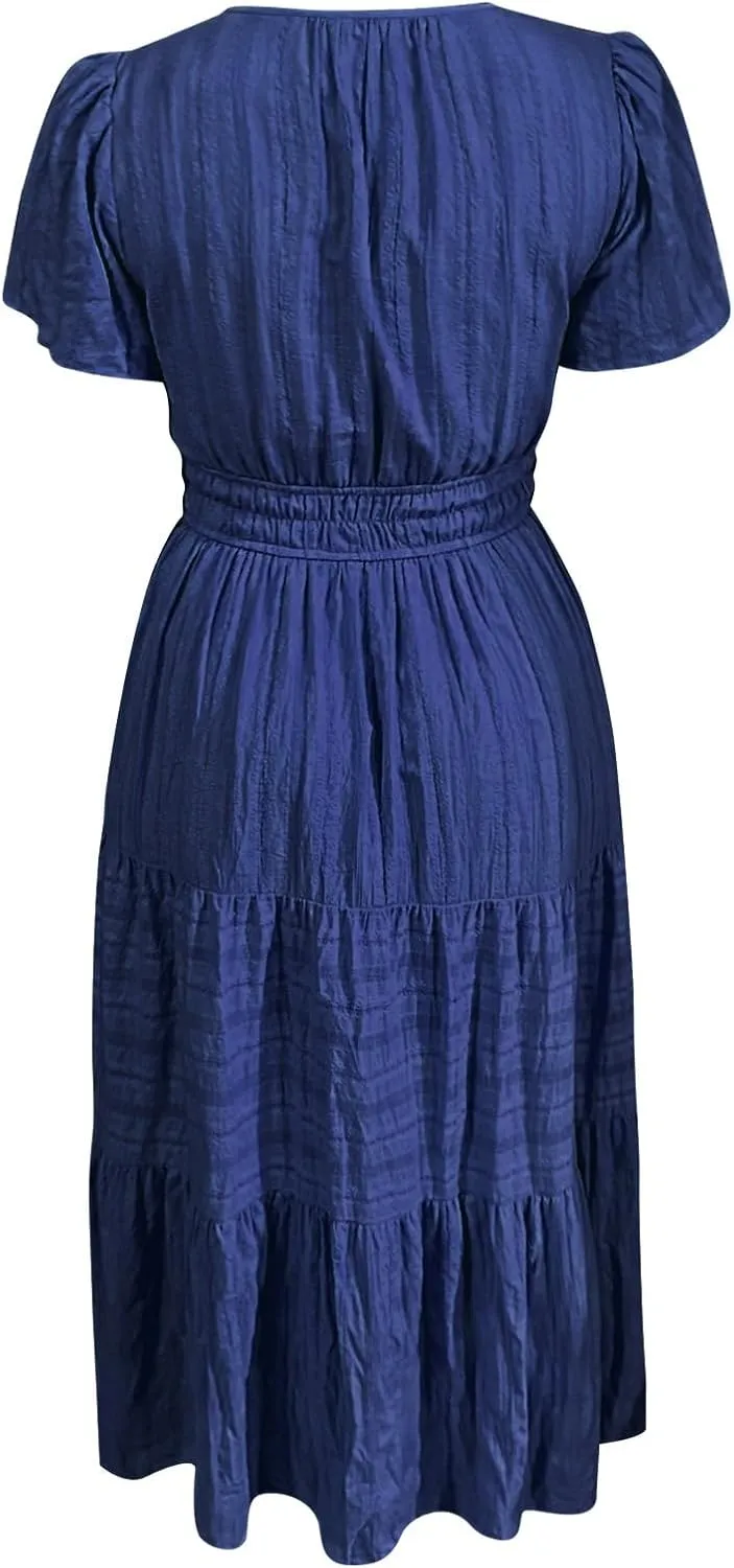 Womens Summer 2025 Casual Midi Maxi Dresses Lightweight Short Sleeve V Neck Elastic Waist Mid Length