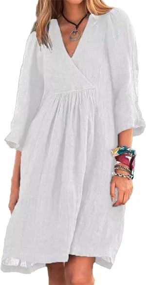 Womens Summer Midi Dresses Cotton Linen Dress V Neck Half Sleeve Loose Dresses Fashion Lightweight Casual Sundress