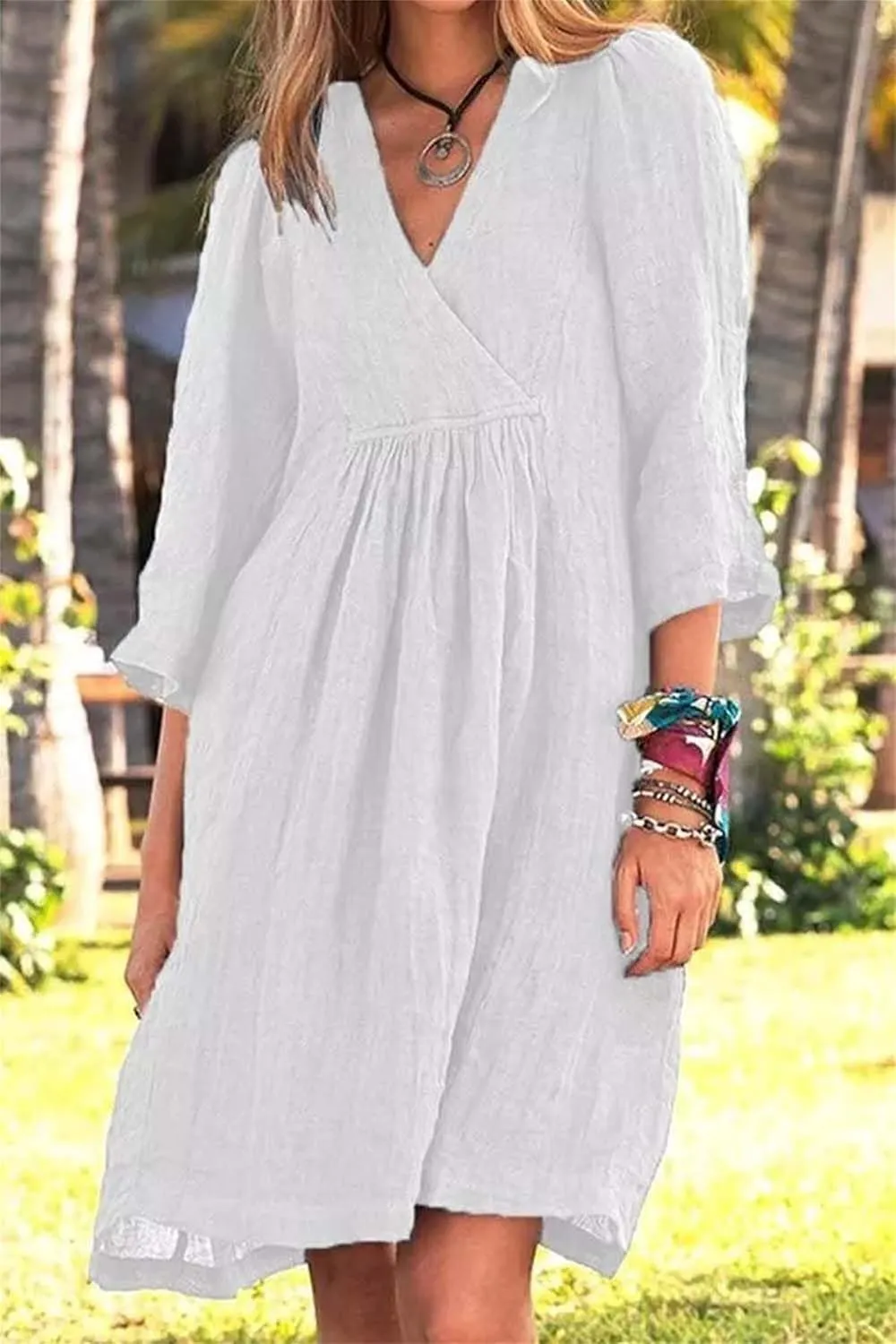 Womens Summer Midi Dresses Cotton Linen Dress V Neck Half Sleeve Loose Dresses Fashion Lightweight Casual Sundress