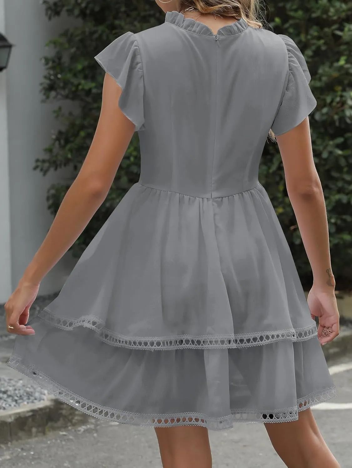 Women's Summer Sleeveless Mini Dress Cute Ruffle Sleeve Crew Neck Lightweight Solid Casual Dress