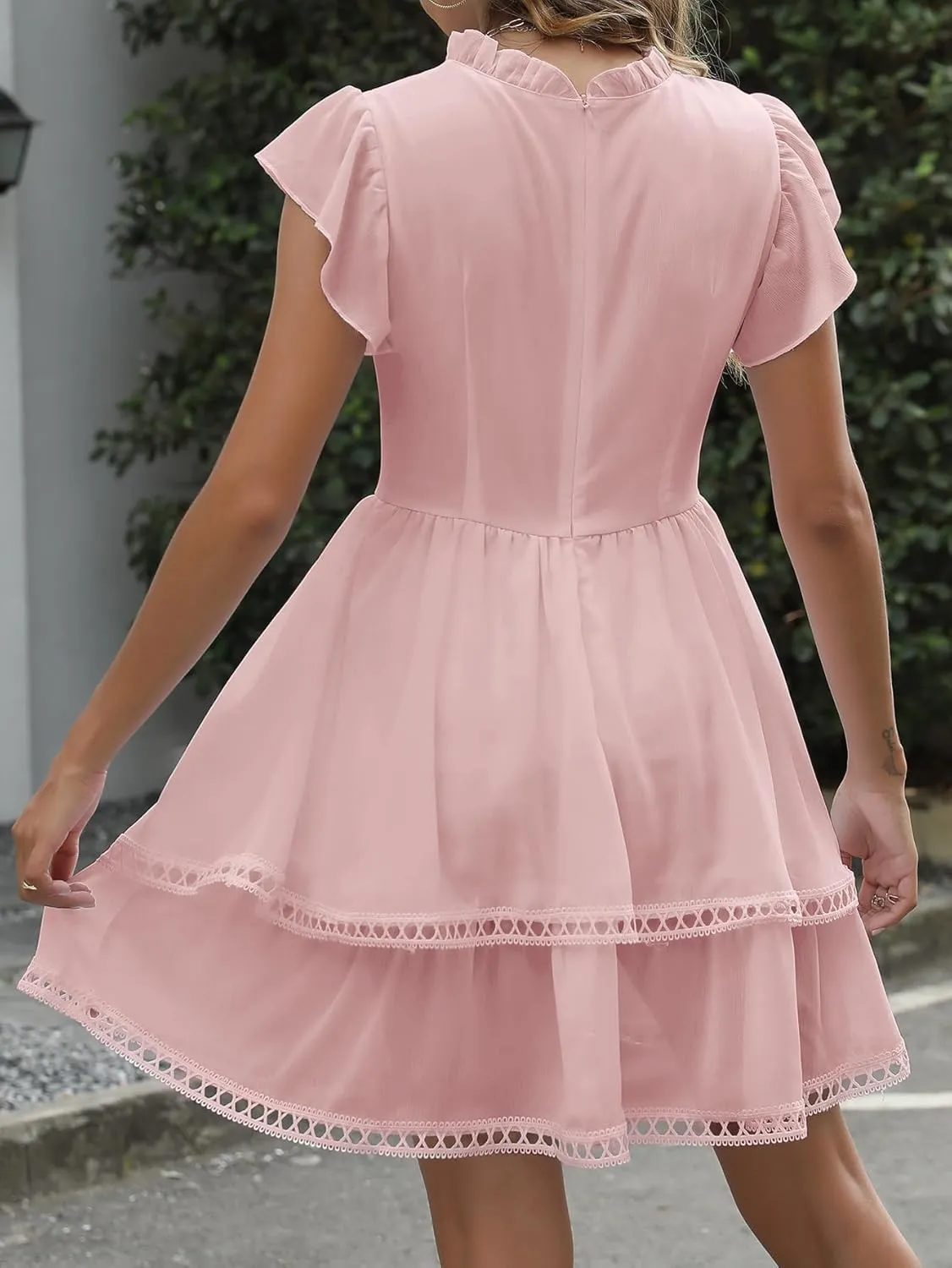 Women's Summer Sleeveless Mini Dress Cute Ruffle Sleeve Crew Neck Lightweight Solid Casual Dress
