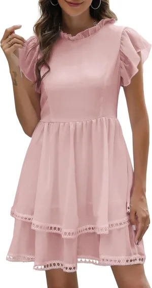 Women's Summer Sleeveless Mini Dress Cute Ruffle Sleeve Crew Neck Lightweight Solid Casual Dress