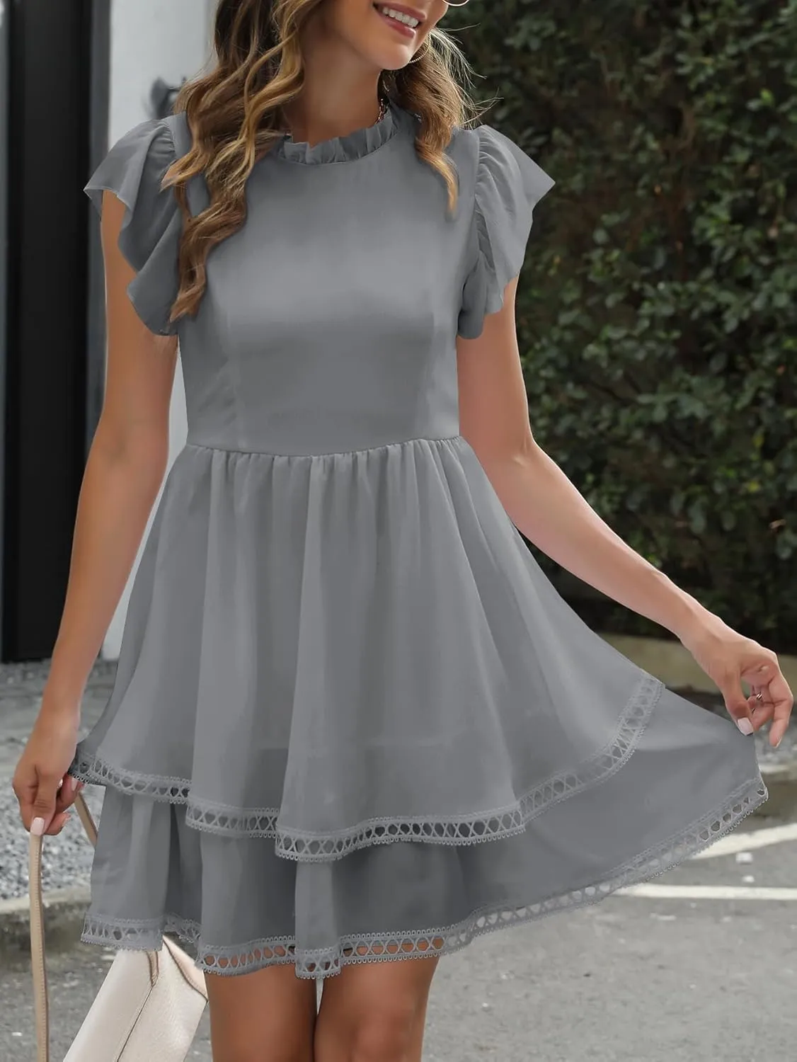 Women's Summer Sleeveless Mini Dress Cute Ruffle Sleeve Crew Neck Lightweight Solid Casual Dress
