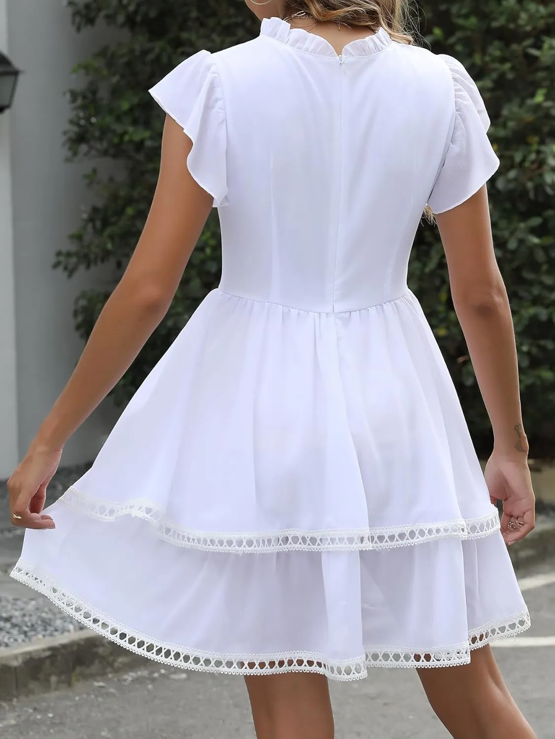 Women's Summer Sleeveless Mini Dress Cute Ruffle Sleeve Crew Neck Lightweight Solid Casual Dress