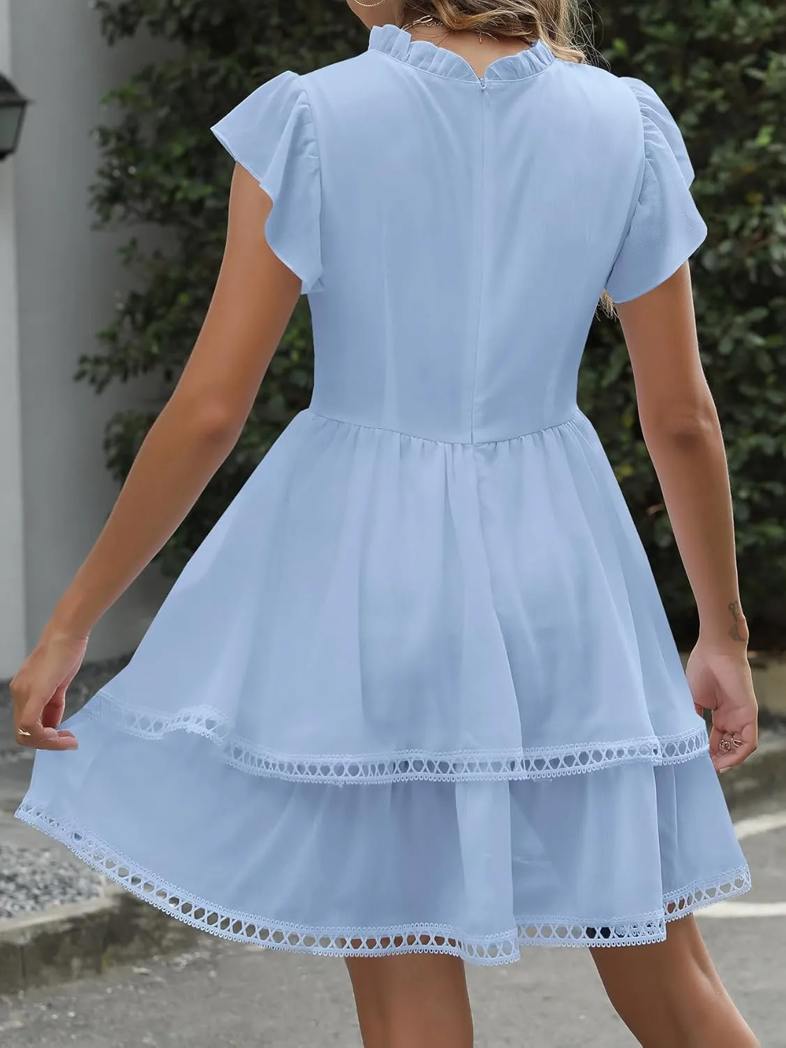 Women's Summer Sleeveless Mini Dress Cute Ruffle Sleeve Crew Neck Lightweight Solid Casual Dress