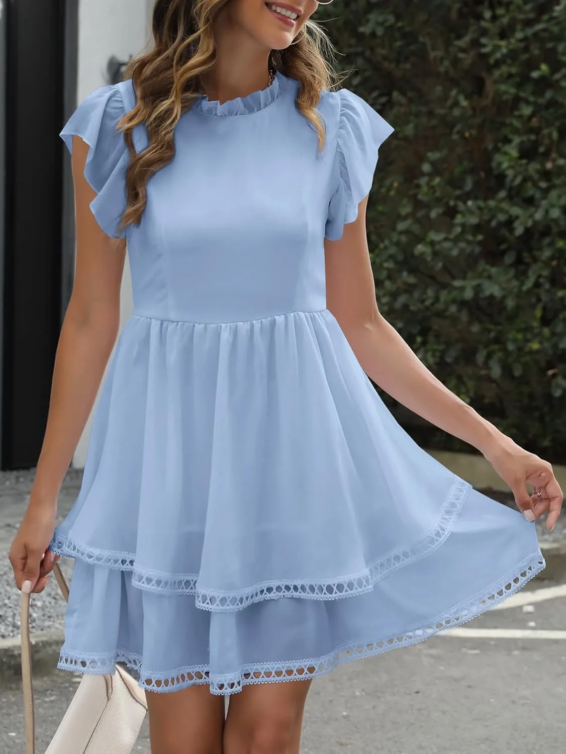 Women's Summer Sleeveless Mini Dress Cute Ruffle Sleeve Crew Neck Lightweight Solid Casual Dress
