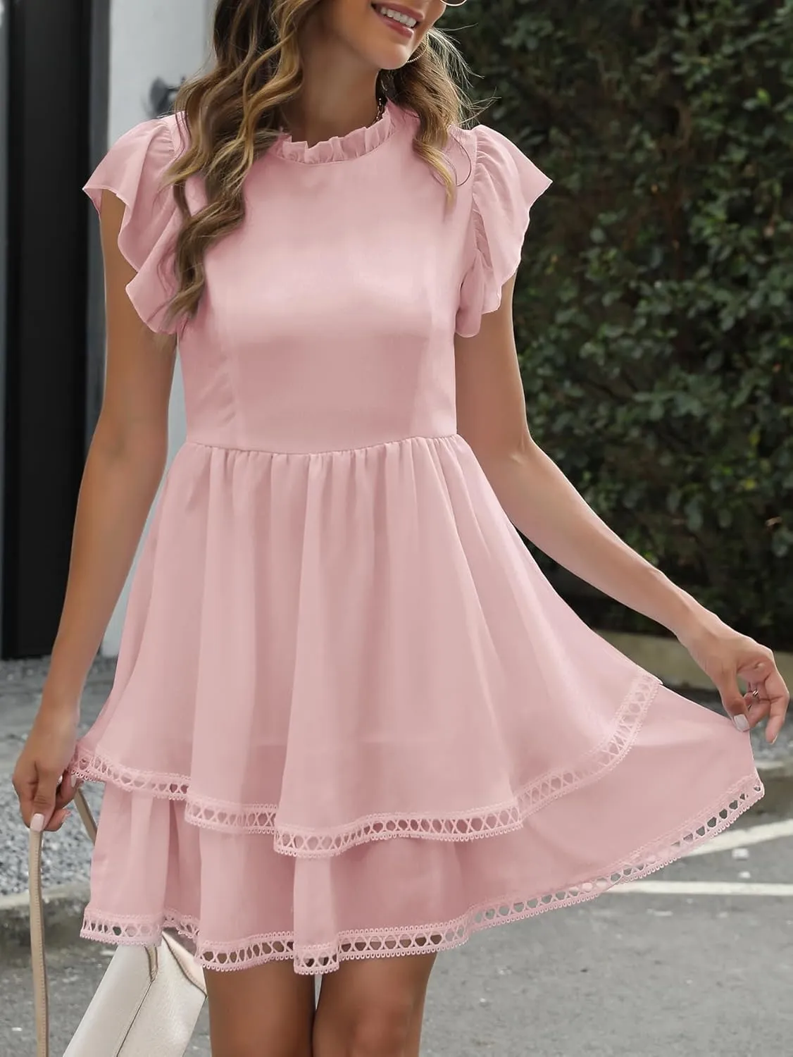 Women's Summer Sleeveless Mini Dress Cute Ruffle Sleeve Crew Neck Lightweight Solid Casual Dress