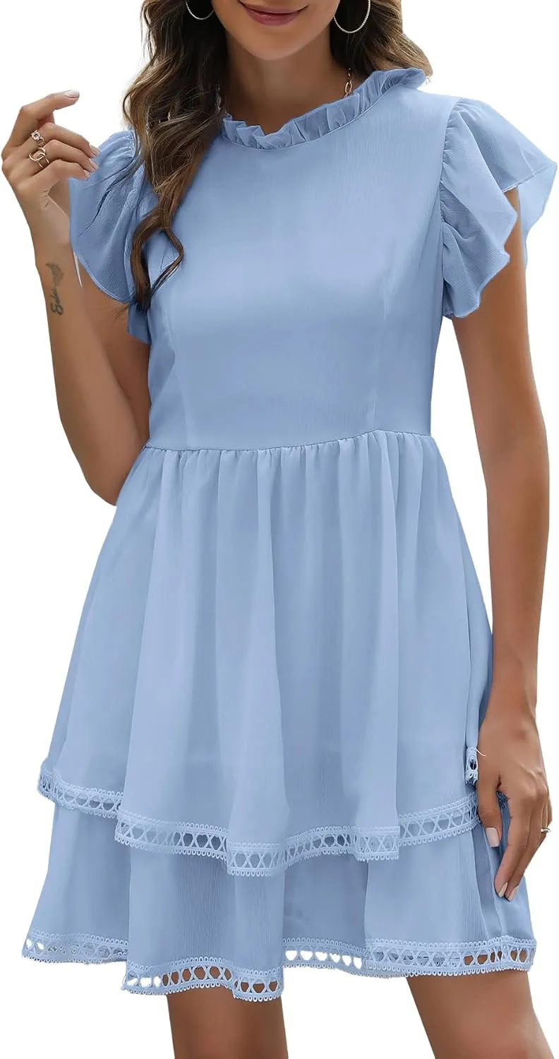 Women's Summer Sleeveless Mini Dress Cute Ruffle Sleeve Crew Neck Lightweight Solid Casual Dress
