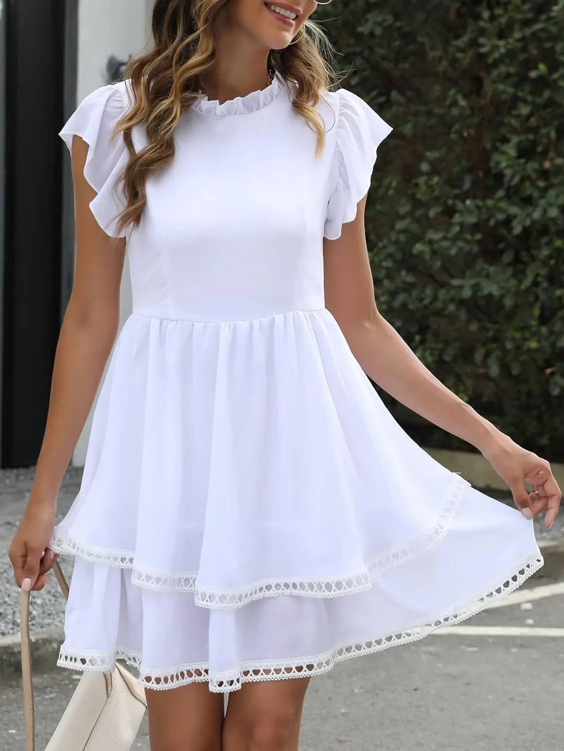 Women's Summer Sleeveless Mini Dress Cute Ruffle Sleeve Crew Neck Lightweight Solid Casual Dress
