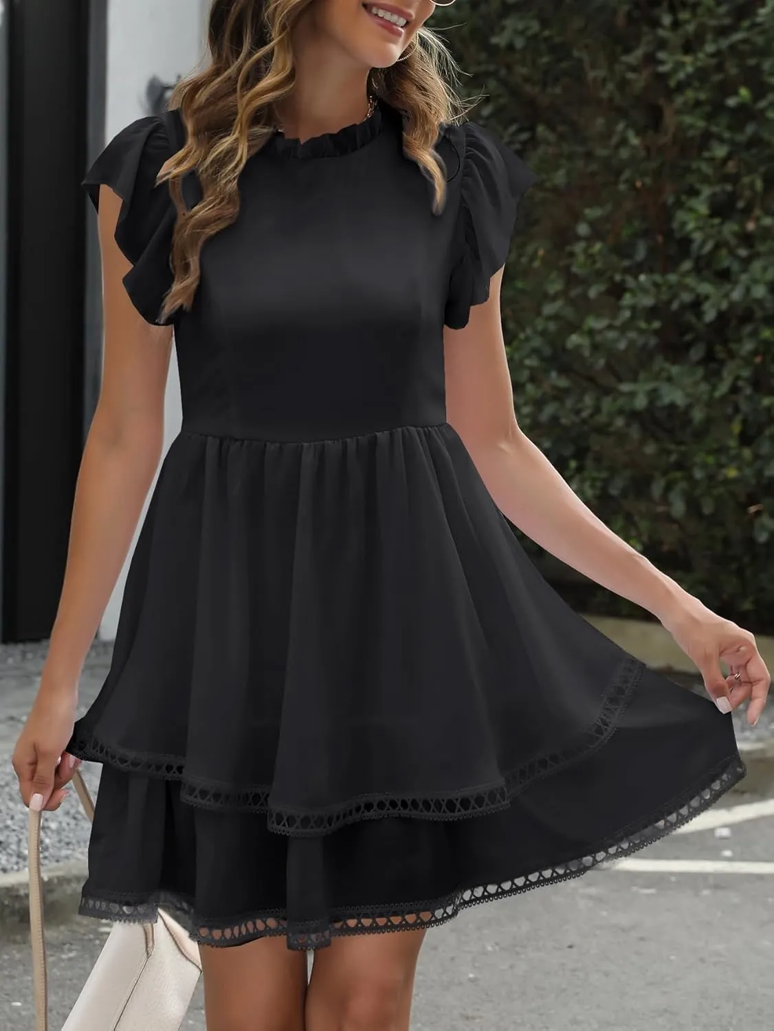 Women's Summer Sleeveless Mini Dress Cute Ruffle Sleeve Crew Neck Lightweight Solid Casual Dress
