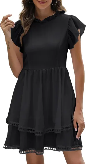 Women's Summer Sleeveless Mini Dress Cute Ruffle Sleeve Crew Neck Lightweight Solid Casual Dress
