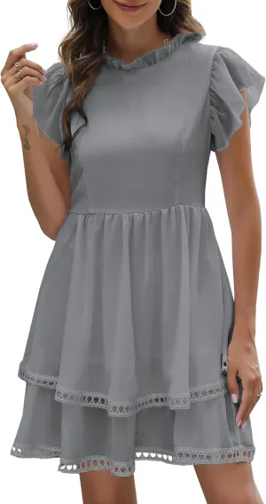Women's Summer Sleeveless Mini Dress Cute Ruffle Sleeve Crew Neck Lightweight Solid Casual Dress