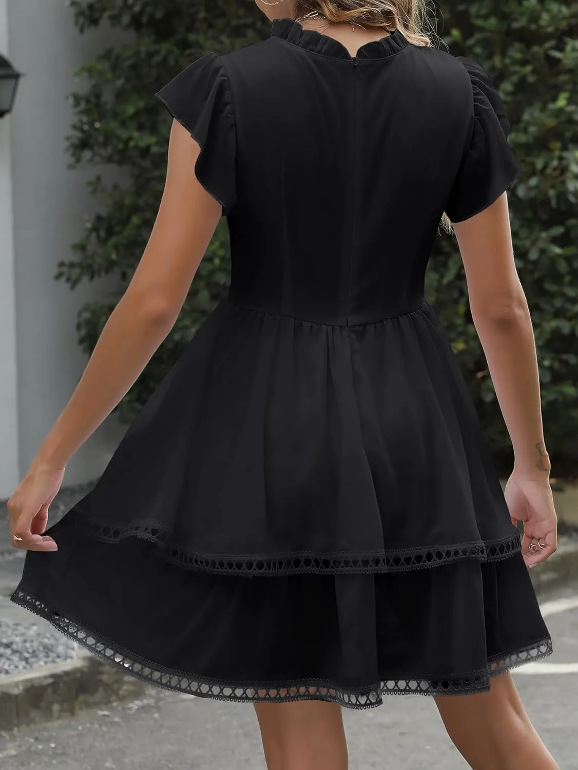 Women's Summer Sleeveless Mini Dress Cute Ruffle Sleeve Crew Neck Lightweight Solid Casual Dress