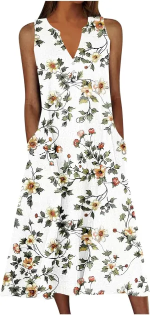 Women's Summer Vintage Midi Dress Floral Print Sleeveless V Neck Dresses Casual Loose Lightweight Beach Clothes