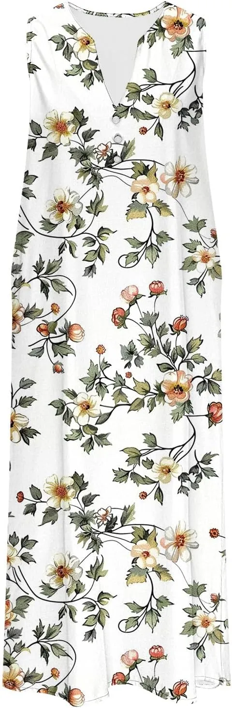 Women's Summer Vintage Midi Dress Floral Print Sleeveless V Neck Dresses Casual Loose Lightweight Beach Clothes