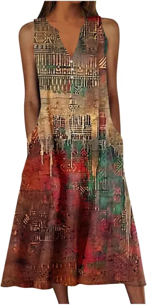 Women's Summer Vintage Midi Dress Floral Print Sleeveless V Neck Dresses Casual Loose Lightweight Beach Clothes