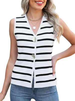 Women's Sweater Vest V Neck Striped Sleeveless Knit Button Down Tank Tops Casual Cropped Sweater Cardigan Vest