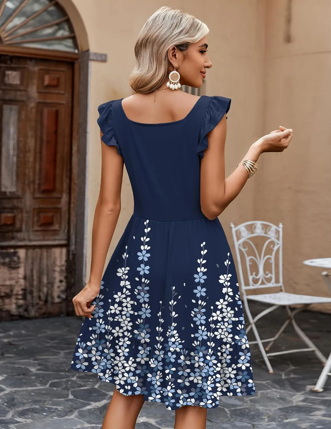 Zeagoo Womens Summer Dress Casual Ruffle Tiered Floral Square Neck Sundresses Beach Boho Mini A-line Dress 2025 with Pockets